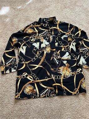 SHEIN Black Blouse with Gold Chain & Cream Tassel Print
